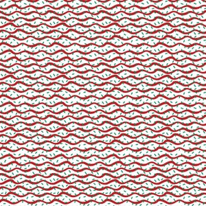 May include: A repeating pattern of wavy red lines and small green dashes on a white background. The red lines flow horizontally across the image, creating a textured, rhythmic design. The green dashes are scattered throughout.