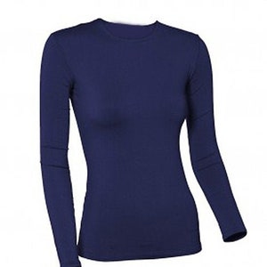 May include: A navy blue long-sleeved shirt with a crew neck.