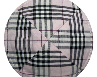 Pink Plaid Kippah, Cotton Kippah, yarmulkah, yamaka, yarmulkes skull cap. 17cm. Comes with clip. Very Popular!