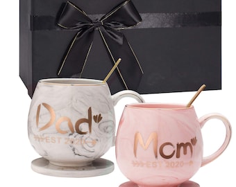 Mom and Dad Marble Ceramic Coffee Cup 14oz and Coasters Gifts - Gifts for Mother Father from Daughter Son