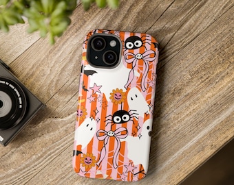 Cute Girly Ghost Phone Case, Spooky Phone Cover, Impact-Resistant Case, Cute Spider and Bow Design, Festive Accessories for Fall