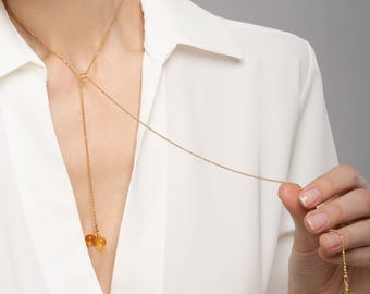 24K gold vermeil adjustable lariat necklace with yellow honey amber pendants – GOLDEN LUNAR