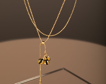 24k gold vermeil adjustable lariat necklace with 8 mm transparent amber pendants – Tiger Eye