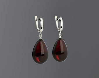 Silver amber earrings CHERRY DROP (M size)