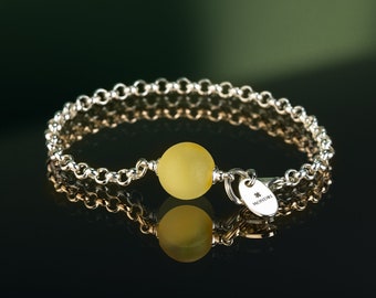 Lemon Yellow Amber Bracelet: 925 Sterling Silver Rolo Chain, Matte Finish