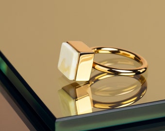 Square ring, Baltic stone ring, Square ring gold, Cube ring, Geometric ring, White gemstone, White stone, Square Gold vermeil ring