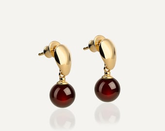 Cherry Amber Drop Earrings – Dark Red Baltic Amber Studs with Gold Vermeil | Minimalist Jewelry Gift