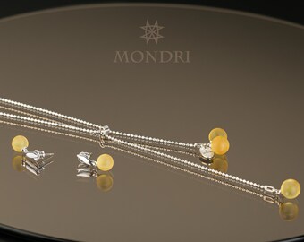 Yellow Amber Jewelry Set – Adjustable Pendant Necklace & Earrings | Matte Baltic Amber Gift for Her | Modern Minimalist Design