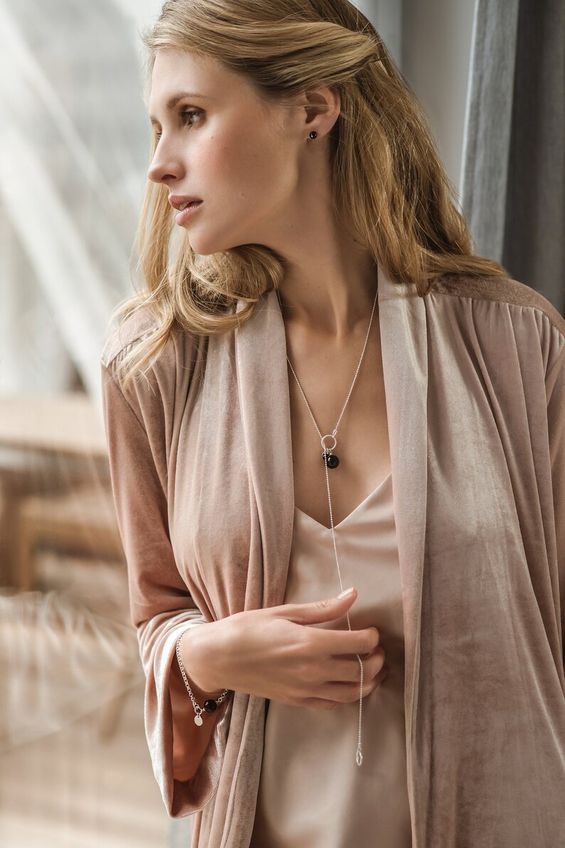 Minimalist necklace | Gemstone lariat Gemstone Y necklace with cherry amber Sterling silver chain lariat necklace with red amber pendant