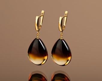 Amber drop earrings, Baltic amber gold earrings, Amber teardrop, Cognac amber, Teardrop earrings, Honey amber drops, Long gold earrings