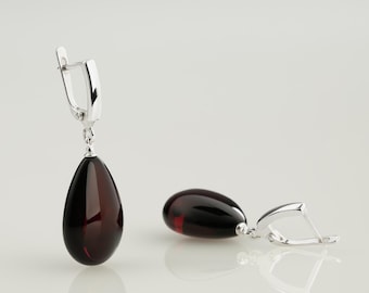 Cherry drop amber earrings, Red amber earrings, Dark amber earrings, Sterling Silver amber earrings, Large drop earrings, Teardrop earrings