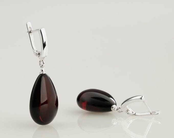 Featured listing image: Cherry drop amber earrings, Red amber earrings, Dark amber earrings, Sterling Silver amber earrings, Large drop earrings, Teardrop earrings