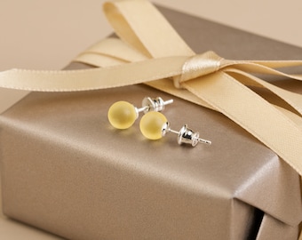Lemon Baltic Amber Stud Earrings: Sterling Silver, Matte Finish