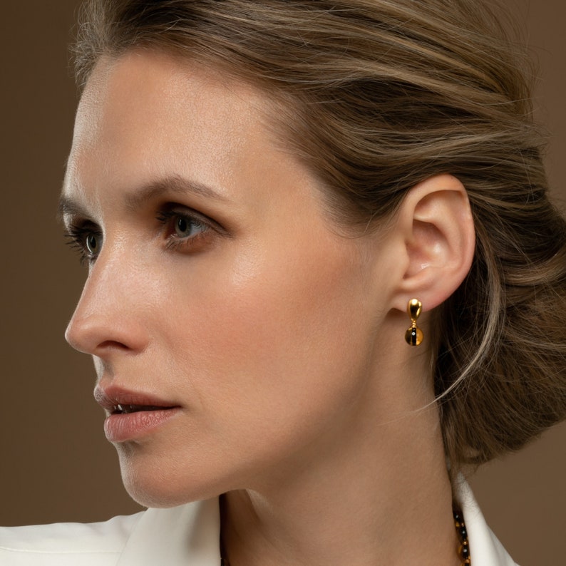 Exclusive Anniversary Gift in a Gift Box with a Gift Card Gold Amber Earrings with a Gemstone Drop