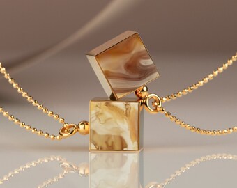 Gold Vermeil Baltic Amber Cube Necklace: Geometric Statement Jewelry