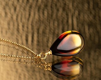 Honey Real Amber Pendant Necklace – Teardrop Baltic Amber Necklace – 24k Gold Vermeil Chain – Exclusive Amber Jewelry – Special Amber Gift