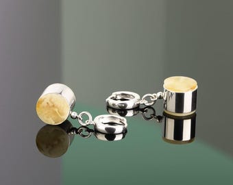 Unique Baltic Amber Sterling Silver Earrings: Geometric Cylinder Drop Huggie Closure
