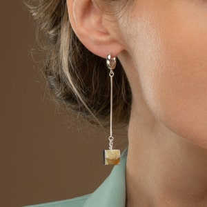 Long Baltic Amber Sterling Silver Drop Earrings: Geometric Cubes