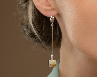 Long Baltic Amber Sterling Silver Drop Earrings: Geometric Cubes