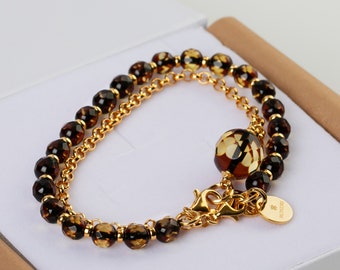 Faceted Amber Bracelet Set – Baltic Amber Jewelry – 925 Silver & 24k Gold Vermeil – Elegant Clear Amber Beads – MONDRI BLISS