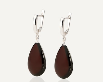 Cherry drop amber earrings, Red amber earrings, Dark amber earrings, Silver amber earrings, Large drop earrings, Teardrop earrings