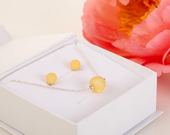 Yellow Baltic Amber Jewelry Set Minimalist Necklace Stud Earrings Silver Lemon Gift for Her
