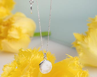 Round White Baltic Amber Pendant: 925 Sterling Silver Geometric Necklace