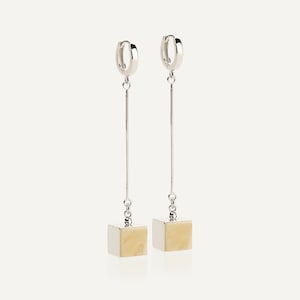 Long amber earrings, long drop earrings, amber earrings, long silver earrings, geometric earrings, baltic amber jewelry, cube earrings
