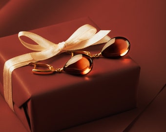 24k Gold Vermeil Baltic Amber Drop Earrings: MONDRI Teardrop Jewelry