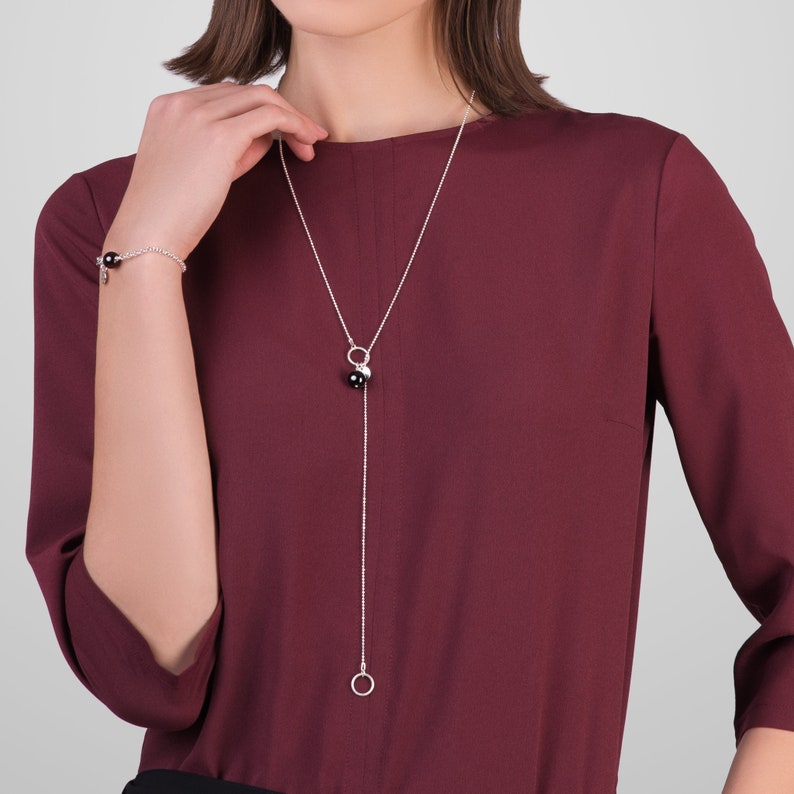 Minimalist necklace | Gemstone lariat Gemstone Y necklace with cherry amber Sterling silver chain lariat necklace with red amber pendant