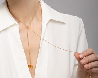 24K gold vermeil adjustable lariat necklace with yellow honey amber pendants – GOLDEN LUNAR