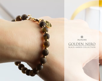 Raw Baltic Amber Bracelet with 6 mm black natural amber beads – GOLDEN NERO