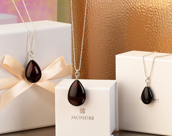 Featured listing image: Cherry Red Amber Teardrop Necklace, Minimal Sterling Silver Pendant, Natural Baltic Amber Gift for Her