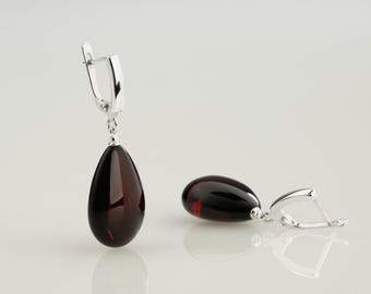 Teardrop Red Baltic amber earrings CHERRY DROP (M size)
