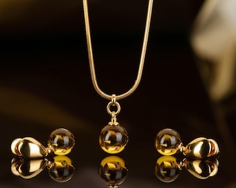 Real Baltic Amber | Minimalist Amber Gift for Her - 24k Gold Vermeil Necklace & Earrings