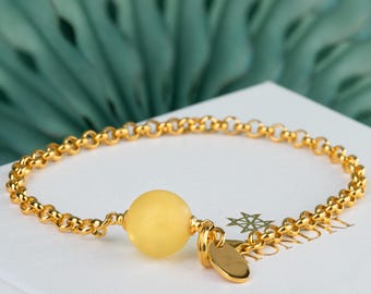 Yellow Matte Amber Bracelet - Golden Lemon with 10 mm Amber Bead
