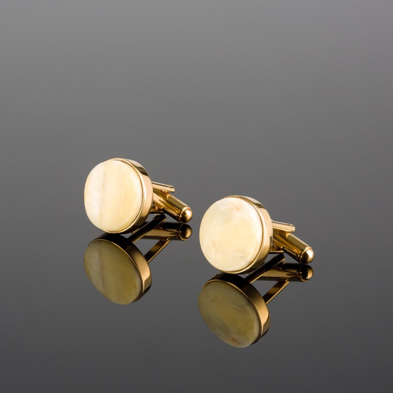 Father of the Bride Gift for Him or Bride to Groom Gift Personalized Gold Cufflinks with White Baltic Amber Amber Cufflinks for Groom