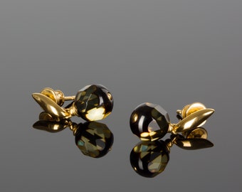 Luxury gold drop earrings with natural green amber, Special gift for her, yellow gold dangle earrings, anniversary gift, Baltic amber