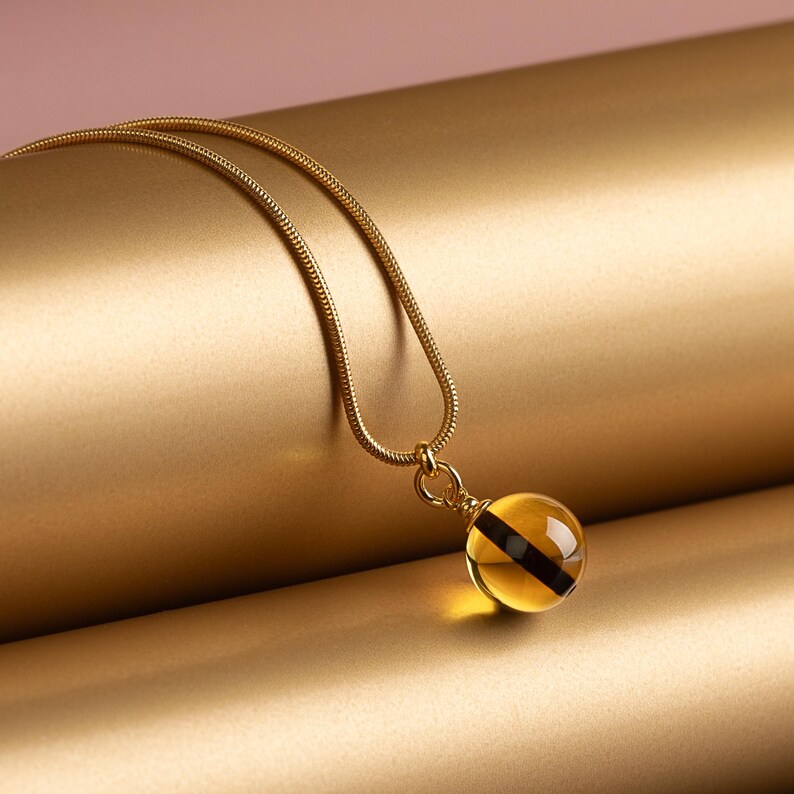 Gold Vermeil Snake Chain with 10mm Transparent Genuine Yellow Amber Pendant necklace Tiger Mondri jewelry