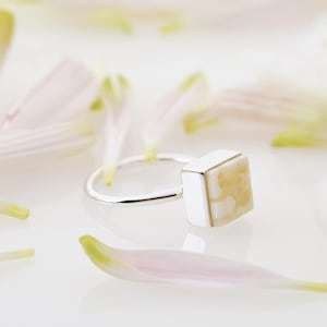 White Baltic Amber Ring: Geometric Sterling Silver, Handcrafted