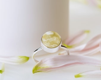 White Baltic Amber Ring, Raw Gemstone, 925 Sterling Silver Statement Ring