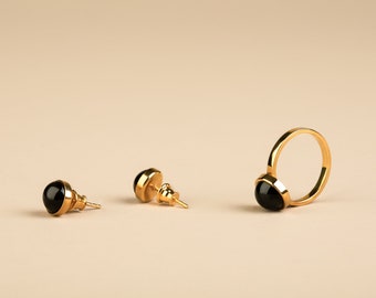 Earrings and ring set, Red amber set, Elegant ring, Minimalist stud earrings, Round amber earrings, Gold vermeil jewelry, Baltic amber