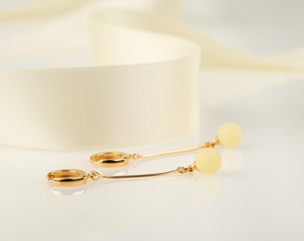 Lemon Yellow Amber Drop Earrings: Sterling Silver or 24k Gold Vermeil, Baltic Amber