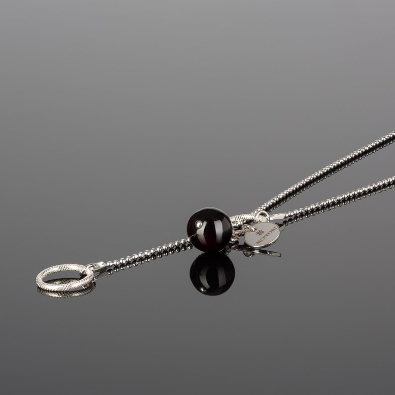Minimalist necklace | Gemstone lariat Gemstone Y necklace with cherry amber Sterling silver chain lariat necklace with red amber pendant