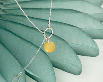 Adjustable Sterling Silver Lariat Necklace: Yellow Baltic Amber Pendant 14 mm
