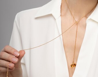 24k gold vermeil adjustable lariat necklace with 8 mm transparent amber pendants – Tiger Eye