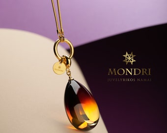 Honey amber pendant, Teardrop pendant, Honey amber, Cognac amber, Amber pendant gold, Baltic amber pendant, Amber gold, Long gold pendant