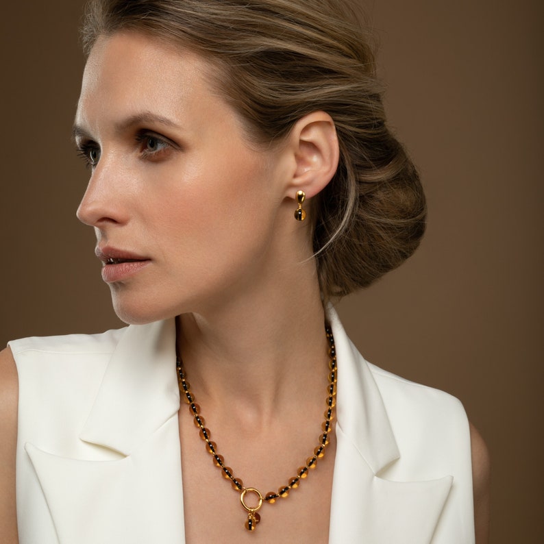 Exclusive Anniversary Gift in a Gift Box with a Gift Card Gold Amber Earrings with a Gemstone Drop