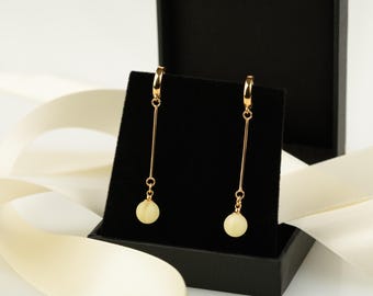 Lemon Amber Drop Earrings: Sterling Silver Snake Chain, Baltic Amber