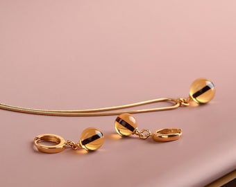 Genuine Baltic Amber | Minimalist Yellow Amber Gift - 24k Gold Vermeil Pendant & Earrings